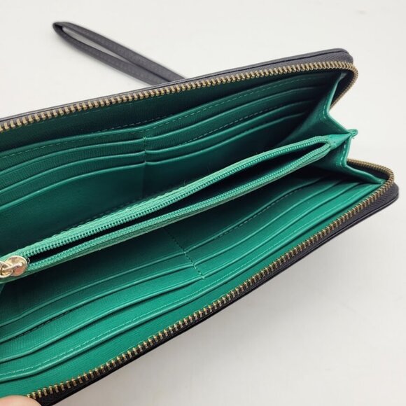 Fossil Sydney Blk Leather Zip Around Wallet Wristlet Clutch Green Interior Chic - Picture 6 of 7